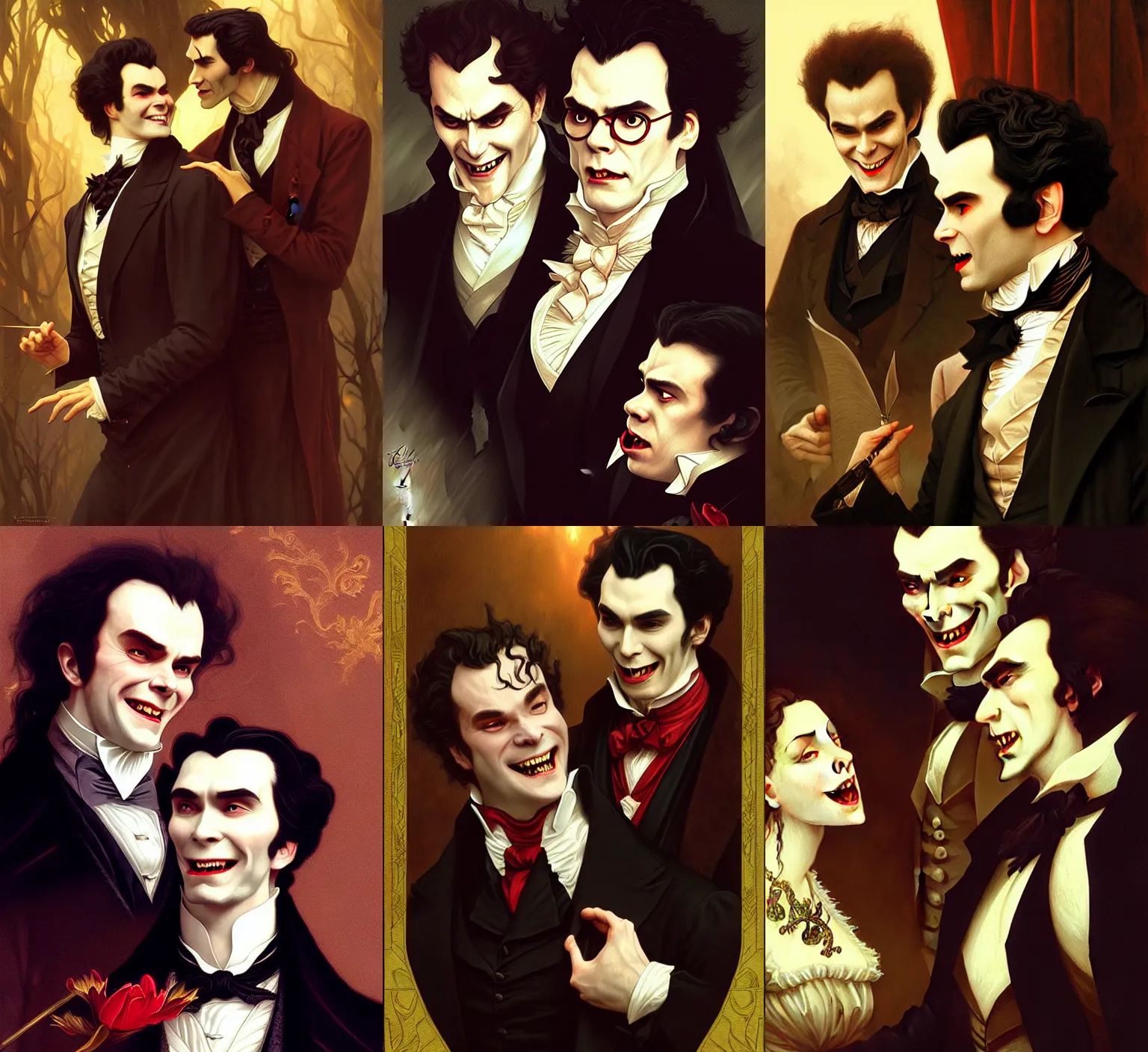 Prompt: portrait of very happy vampire franz schubert and count dracula, vampire franz schubert d & d, fantasy, intricate, elegant, highly detailed, digital painting, artstation, concept art, smooth, sharp focus, illustration, art by artgerm and greg rutkowski and alphonse mucha