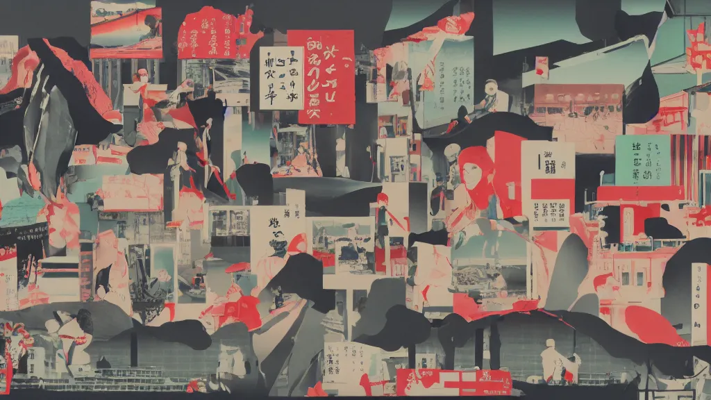 Image similar to japan, a collage painting, in the style of wes anderson, lola dupre, david hockney, isolated on negative white space background dark monochrome neon spraypaint accents volumetric octane render