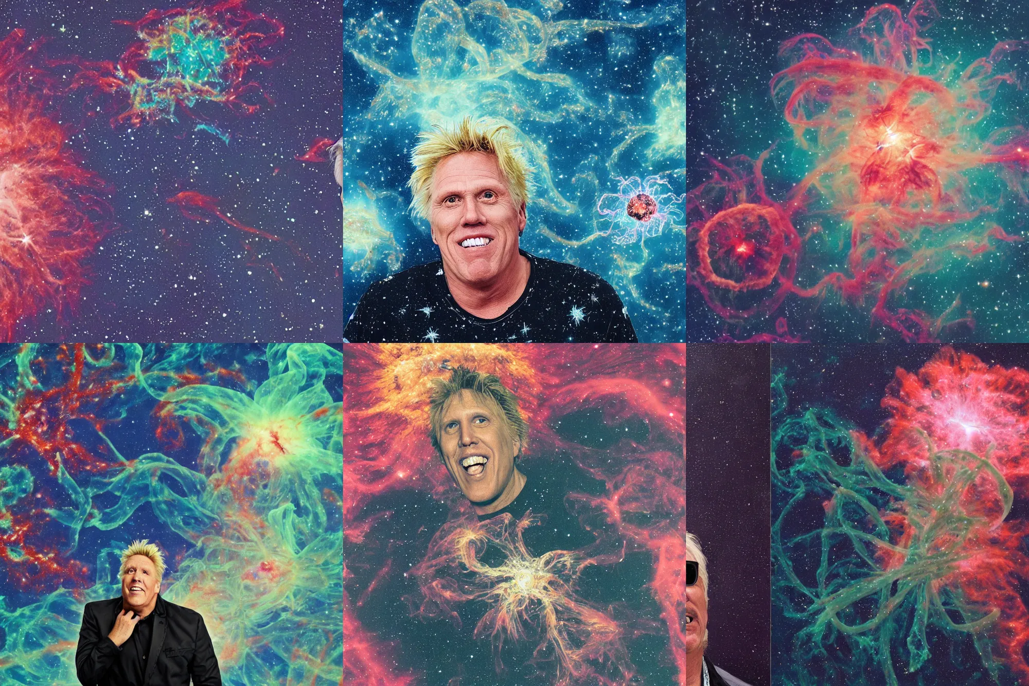 Prompt: a closeup portrait of gary busey floating next to an eel nebula, eel nebula, early netherlandish painting
