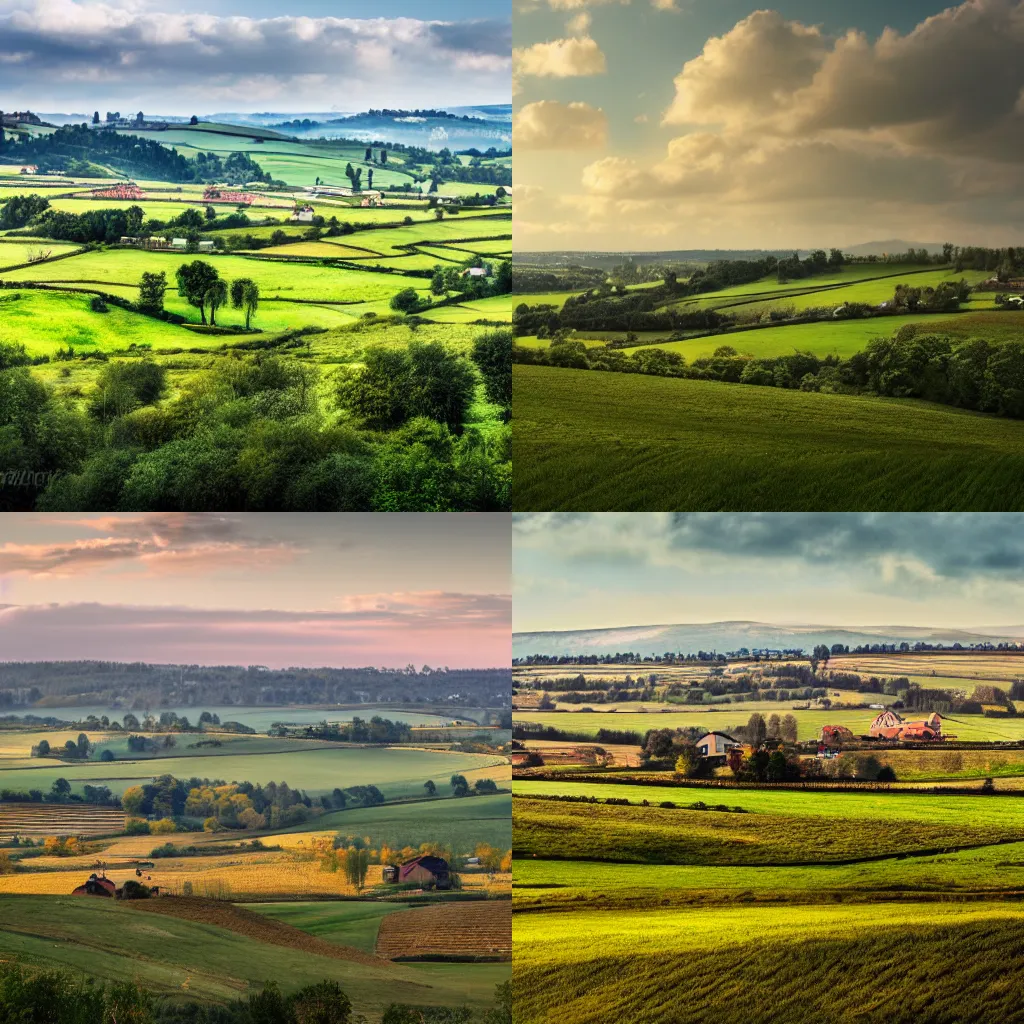 Prompt: Landscape photograph of countryside with a town in the distance. Detailed, UHD, realistic