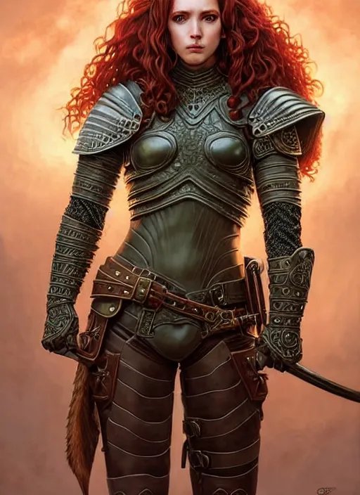 Prompt: ranger, leather armor!!! long curly red hair!! covered chest!!! green eyes, fantasy, d & d, intricate ornate details, digital painting, pretty face!!, symmetry, concept art, sharp focus, illustration, art by artgerm! greg rutkowski magali villeneuve wlop! ilya kuvshinov!!, octane render