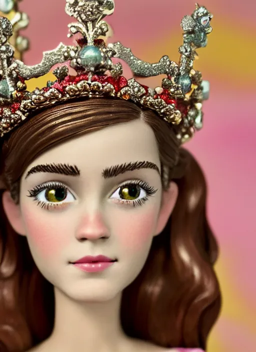 Image similar to closeup face profile portrait of tin toy emma watson as a fairytale princess wearing a crown eating cakes, bikini, depth of field, zeiss lens, detailed, symmetrical, centered, fashion photoshoot, by nicoletta ceccoli, mark ryden, lostfish, breathtaking, 8 k resolution, extremely detailed, beautiful, establishing shot, artistic, hyperrealistic, octane render