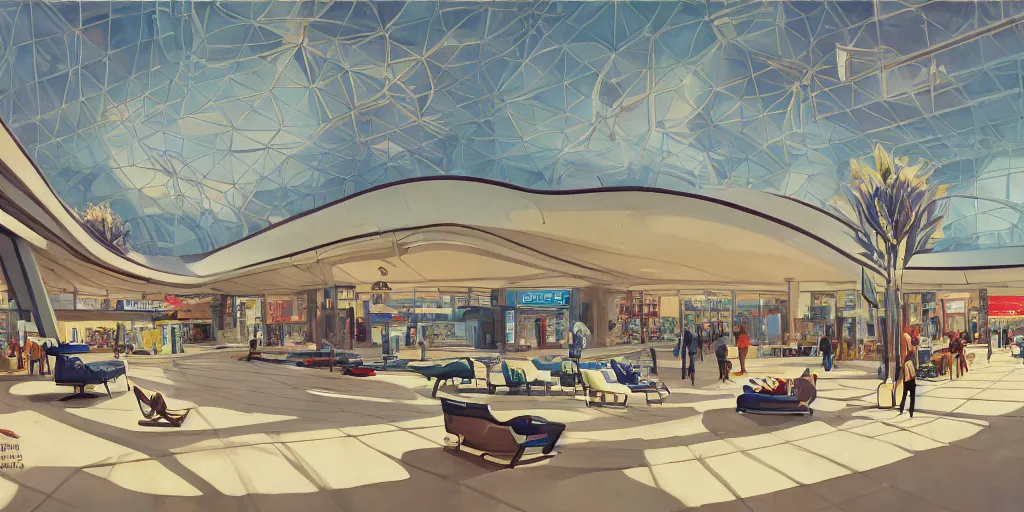 Image similar to a beautiful illustration of futuristic mall, lots of furniture, sofa, waiting room, big medium small, sacred geometry, golden ratio, in watercolor gouache detailed paintings, in style of syd mead, trending on artstation, 8 k, panel, hard surface, wallpaper, zaha hadid, scattered props, plant, cozy, decoration, simon stalenhag, wes anderson