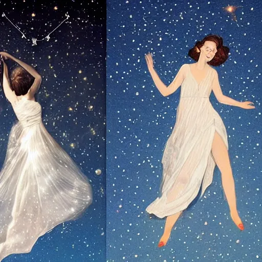 Prompt: the image shows a woman wearing a diaphanous silk dress with a starry constellation pattern. the dress appears to be billowing in the wind, giving the impression that the woman is floating among the stars.