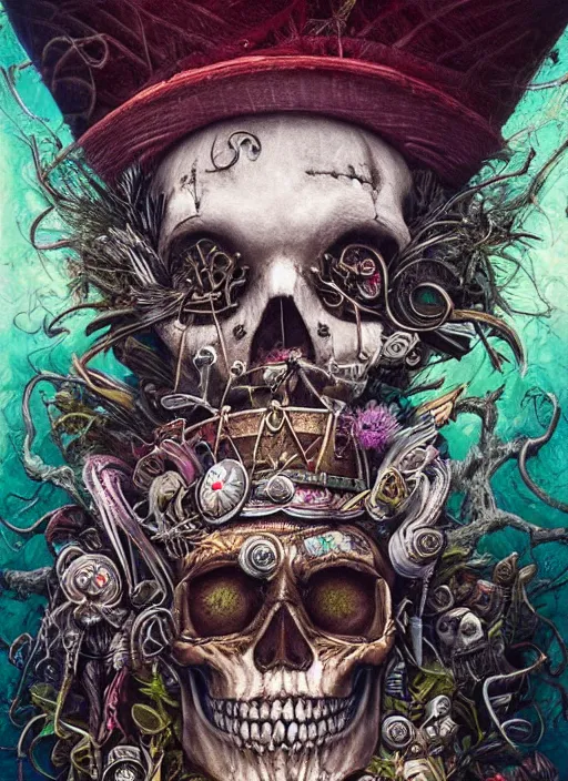 Image similar to mad hatter, mayan god, skull, highly detailed, cinematic, 8 k, by megan duncanson, benjamin lacombe, adrian borda, stanley artgermm, tom bagshaw, craig mullins, carne griffiths, ayami kojima, beksinski, giger, trending on deviantart, hyper detailed, horror, full of colour