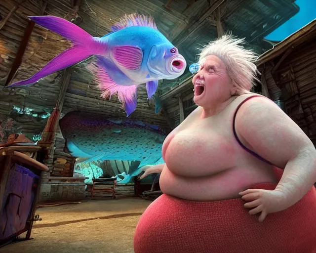 Image similar to of a very beautiful scene. ambient occlusion render. a sweet fat old woman is giving birth to a huge colorful fish. hyper realistic. 4 k. wide angle. sadness symmetrical face, red mouth, blue eyes. deep focus, lovely scene. ambient occlusion render. concept art. unreal engine.