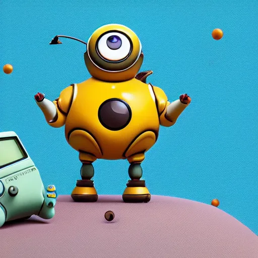 Image similar to two small chubby bots, hyperdetailed colourful, smooth panelling, intricate detail, holding, single eye, style of cute pokemon, rusty arms, antenna, floating, white studio, mechanical, cute toy, gameboy advanced, ambient light, in the style of pixar animation poster, pokedstudios,, blender, octane render, 8 k,