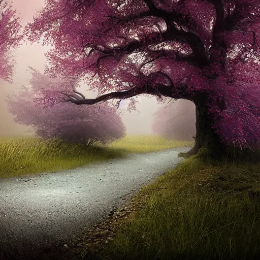 Image similar to michal karcz grunge painting of a beautiful landscape. , purple trees, detailed, elegant, intricate, 4k,