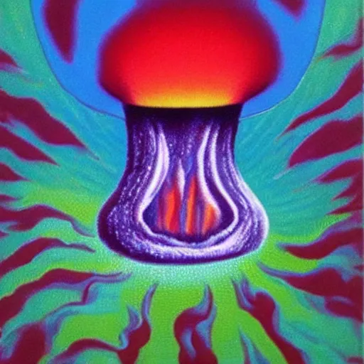 Image similar to 8 0 s new age album cover depicting a mushroom cloud in the shape of guy fieri, very peaceful mood, oil on canvas by georgia o'keefe