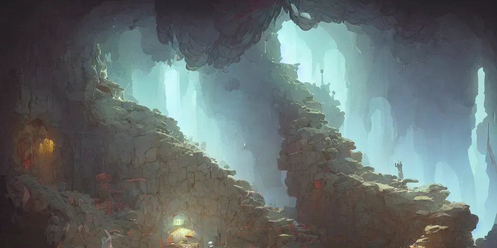 Prompt: painting of wall in a dark cave with rocky ground, comics, clean line, no people, illustration by peter mohrbacher! and moebius and rhads, clean thick line, vivid colors, comics style