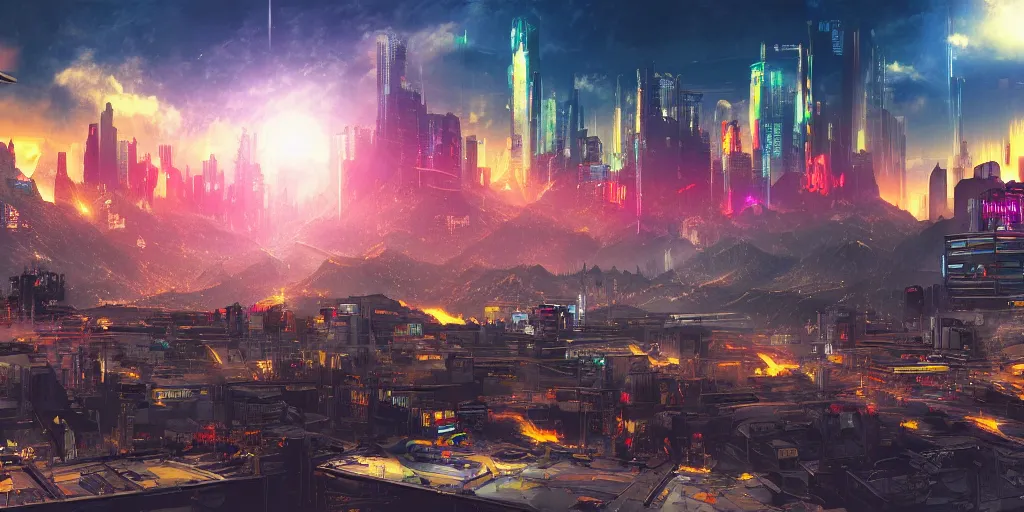 Prompt: ”cyberpunk city on fire with mountains in the background and galaxiws in the sky, digital painting, highly detailed”