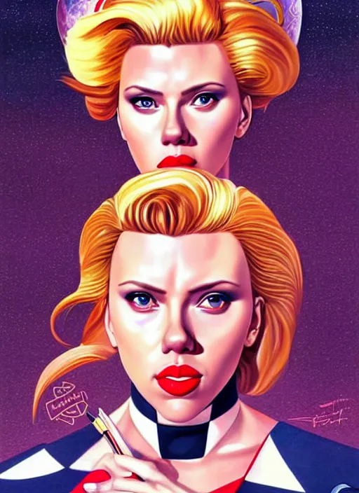 Image similar to perfectly centred realistic picture of scarlett johansson as a sailor moon, calls on the phone at futuristic office, highly detailed, 8 0 - s style poster, sharp focus, illustration, art by jonathan yeo,