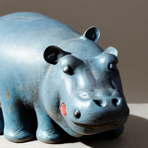 Prompt: small hippo statue, wood blocks bottom hippo body, blue chrome top hippo body, by a genius craftsman, highly detailed, wood block bottom hippo body wood
