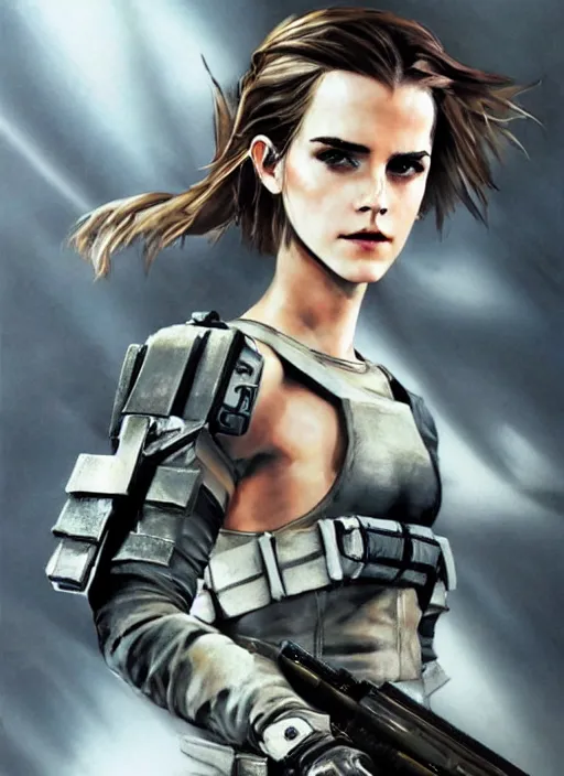 Image similar to fashion model emma watson wearing metal gear armor holding rifle dramatic lighting art by Yoji Shinkawa by Richard Schmid by Sandra Chevrier cinematic dramatic