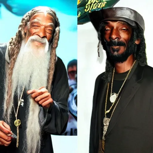 Image similar to gandalf and snoop dogg smoking weed smiling