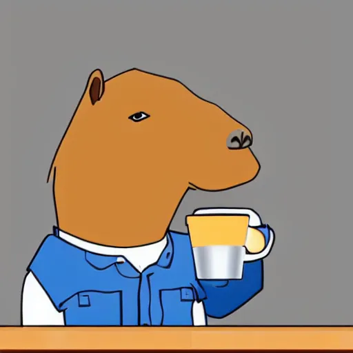 Prompt: capybara policeman drinking coffe