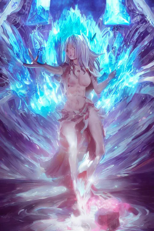 Image similar to anime sorceress surrounded by ice fractals while chanting a magical spell, anime fight, wlop, concept art, digital painting, trending on artstation, highly detailed, epic composition, 8 k uhd