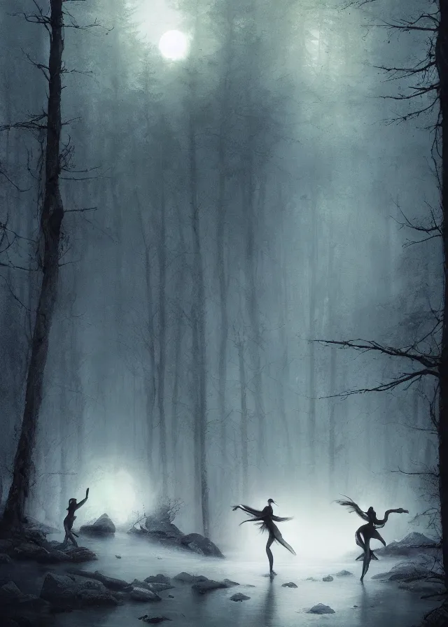 Image similar to dancers in white lit only by the moon, contemporary dance in the forbidden forest, the twilight dance of the fae by aleksi briclot, greg rutkowski and ivan aivazovsky, contemporary dance, volumetric, raining, atmospheric, artstation, fantasy, watercolor surrealist abstract