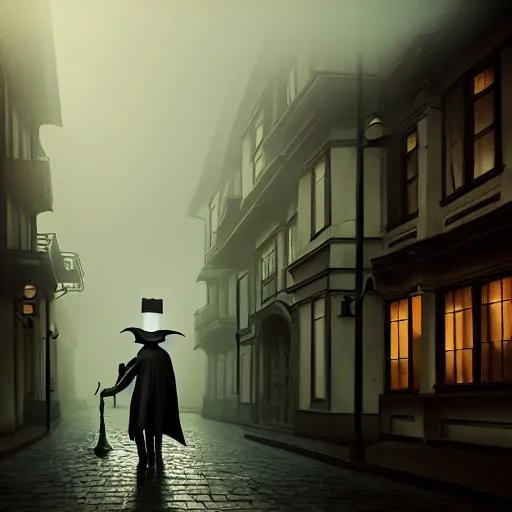 Prompt: a photography of plague doctor walks through a Victorian city, trending in artstation, photo-realistic, dramatic light, bokeh effect, volumetric fog, detailed