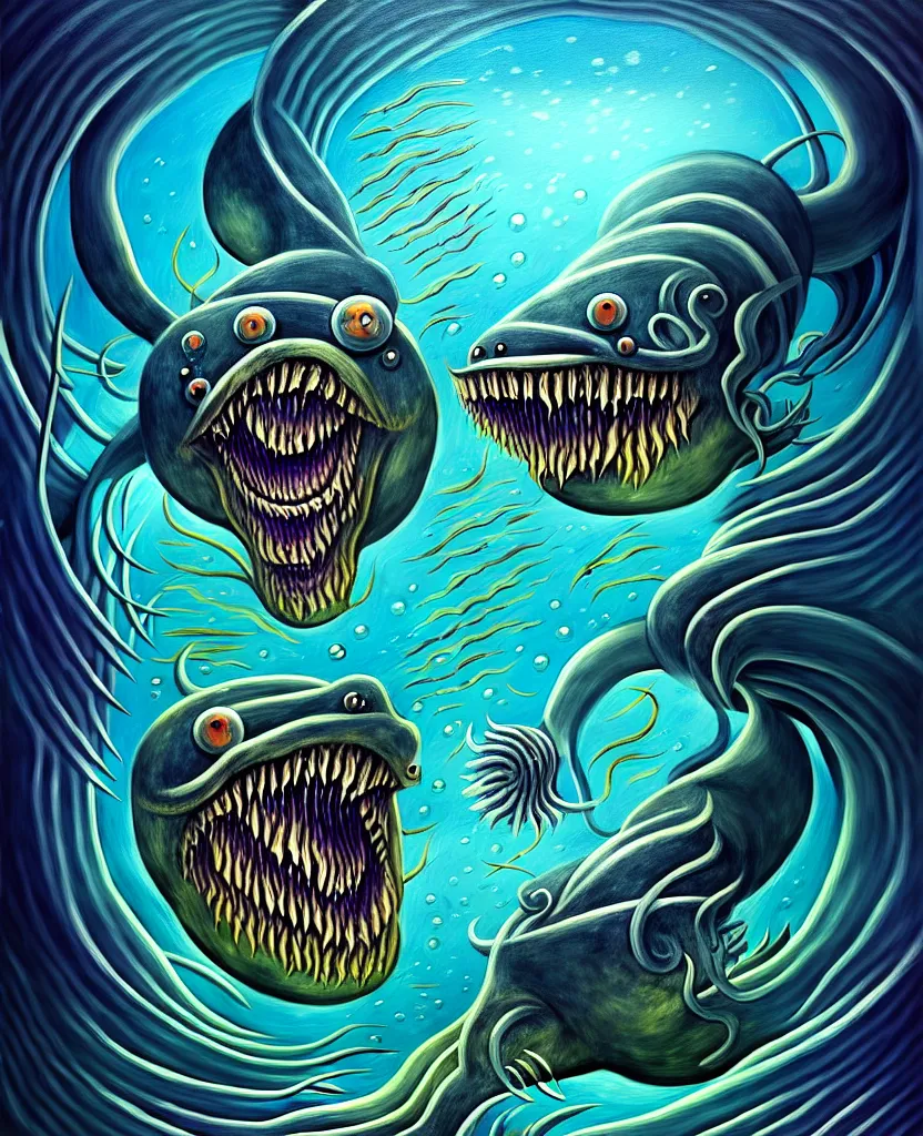 Prompt: mysterious bestiary of wild emotion monsters repressed in the deep sea of unconscious of the psyche, about to rip through and escape in a extraordinary revolution, painted by ronny khalil