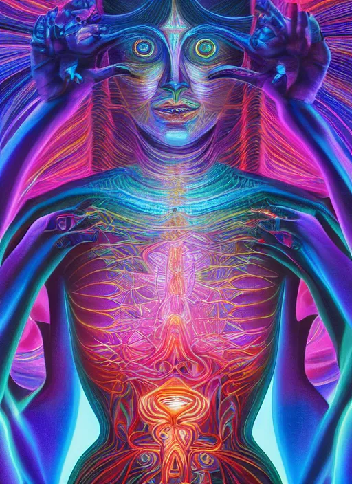 Image similar to ai transcendence into collaborative intelligence, connectedness, body, by alex grey, album cover, award winning, beautiful, colorful, volumetric lighting, trending on artstation