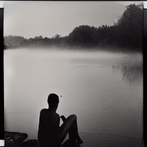 Image similar to extremely sad scene of a man sitting on the edge of a lagoon, mist, bloody sunset, polaroid photography from the 70s