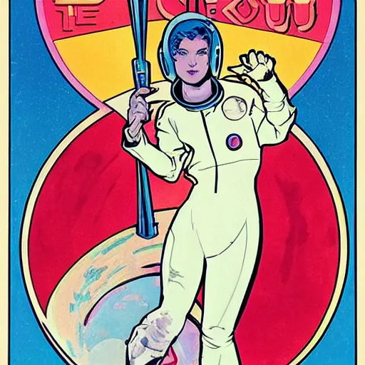 Image similar to a stoic heroic butch tomboy blonde emotionless woman, with very short slicked - back hair. she is dressed as an astronaut. well composed, clean elegant painting, beautiful detailed face. comic book art by steve ditko and jack kirby and ( alphonse mucha )
