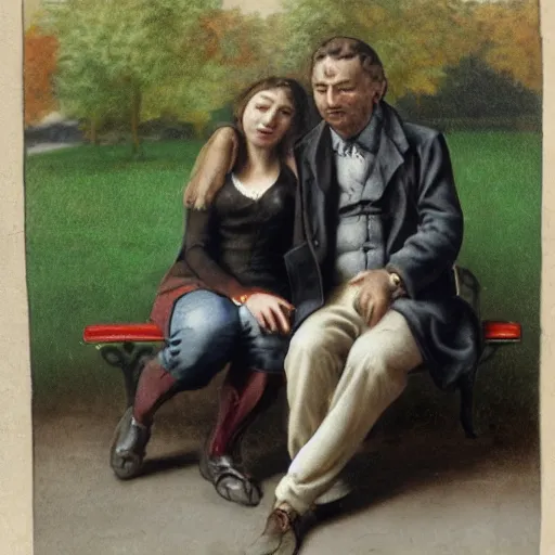 Prompt: a couple sitting on a park bench, high detail