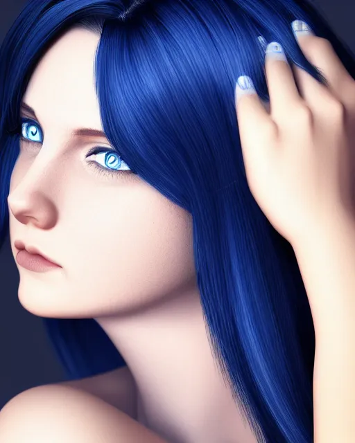 Image similar to realistic portrait of woman with black hair and blue eyes while she's sad, ultra realistic, 8k