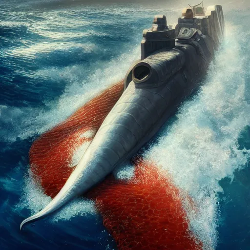 Image similar to subsurface scattering, white, giant submarine, koi colors, avoiding koi, octane render, jesper ejsing, justin gerard, james jean, tomasz alen kopera, cgsociety, fenghua zhong, makoto shinkai, highly detailed, rim light, art, cinematic lighting, very coherent, hyper realism, 8 k