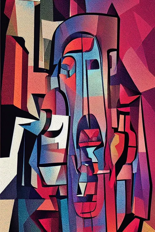 Image similar to cubist moai statue cutout digital illustration cartoon colorful beeple