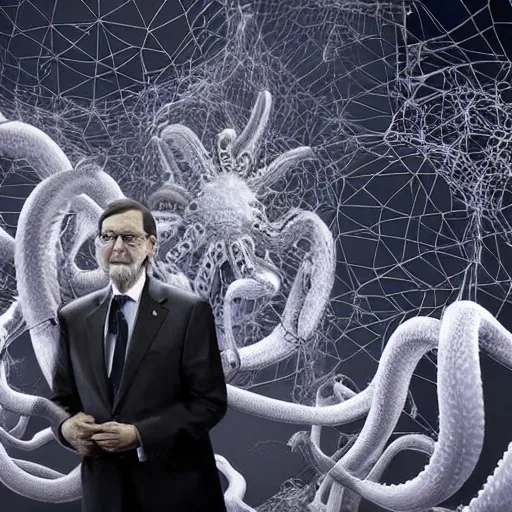 Prompt: a still of mariano rajoy surrounded by tentacles and spiders, award - winning, photograph, 3 d render, unreal engine, 4 k detailed