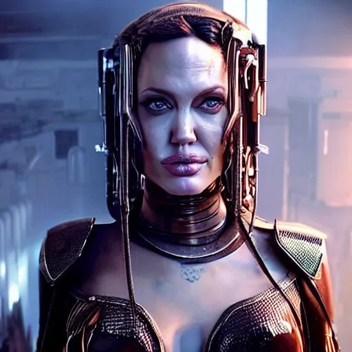 Prompt: promotional beautiful realistic portrait of <Angelina Jolie> as <Cyberpunk Shaman> in the new movie directed by <Tetsuya Nomura>, <heavily armored and brandishing sci-fi blaster>, <perfect face>, movie still frame, promotional image, imax 70 mm footage