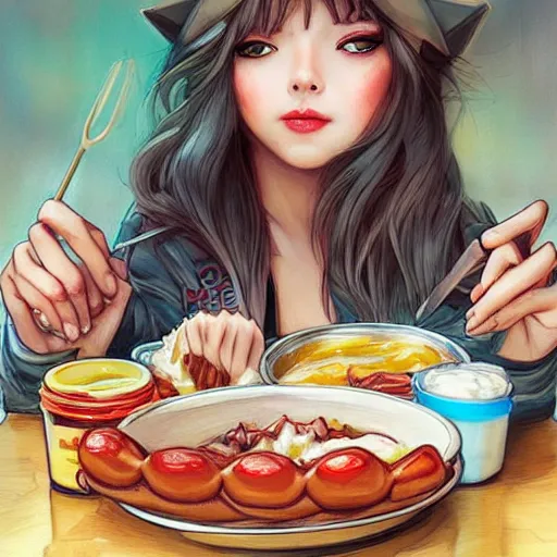 Prompt: hot dogs and yogurt is a messy eating contest, wlop, artgerm, mucha