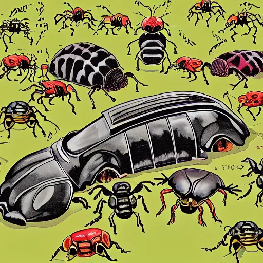 Image similar to highly detailed illustration of a beetle and the beatles battling on the battleground