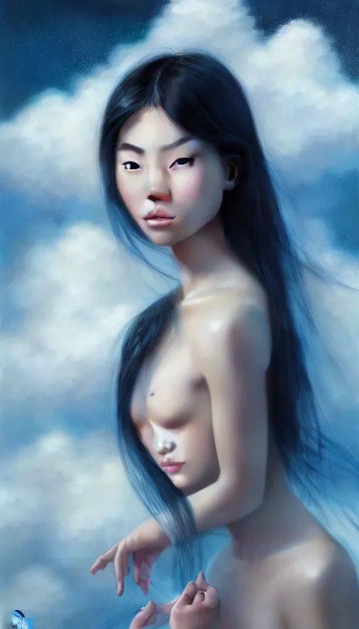 Image similar to photo of a gorgeous young asian girl , searching for eternity, cloud goddess, duality, far away dreams in bubbles in the style of stefan kostic, hyper realistic, sharp focus, 8k high definition, high fashion, vogue, insanely detailed, intricate, elegant, art by stanley lau and artgerm