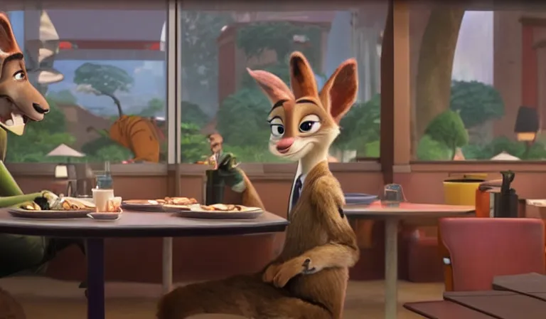 Prompt: A scene from Zootopia. Nick cries at the diner. Pixar Digital Movies