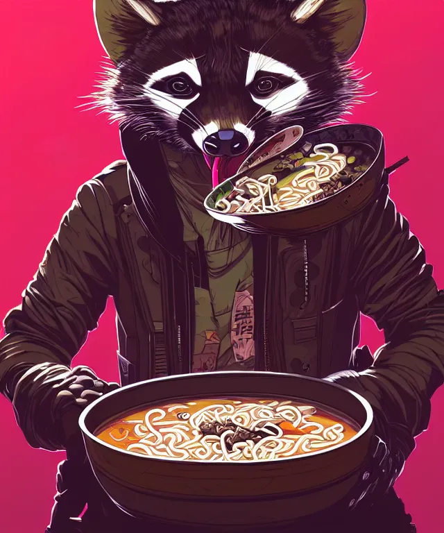 Prompt: a portrait of an anthropomorphic cyberpunk raccoon eating ramen, cyberpunk!, fantasy, elegant, digital painting, artstation, concept art, matte, sharp focus, illustration, art by josan gonzalez