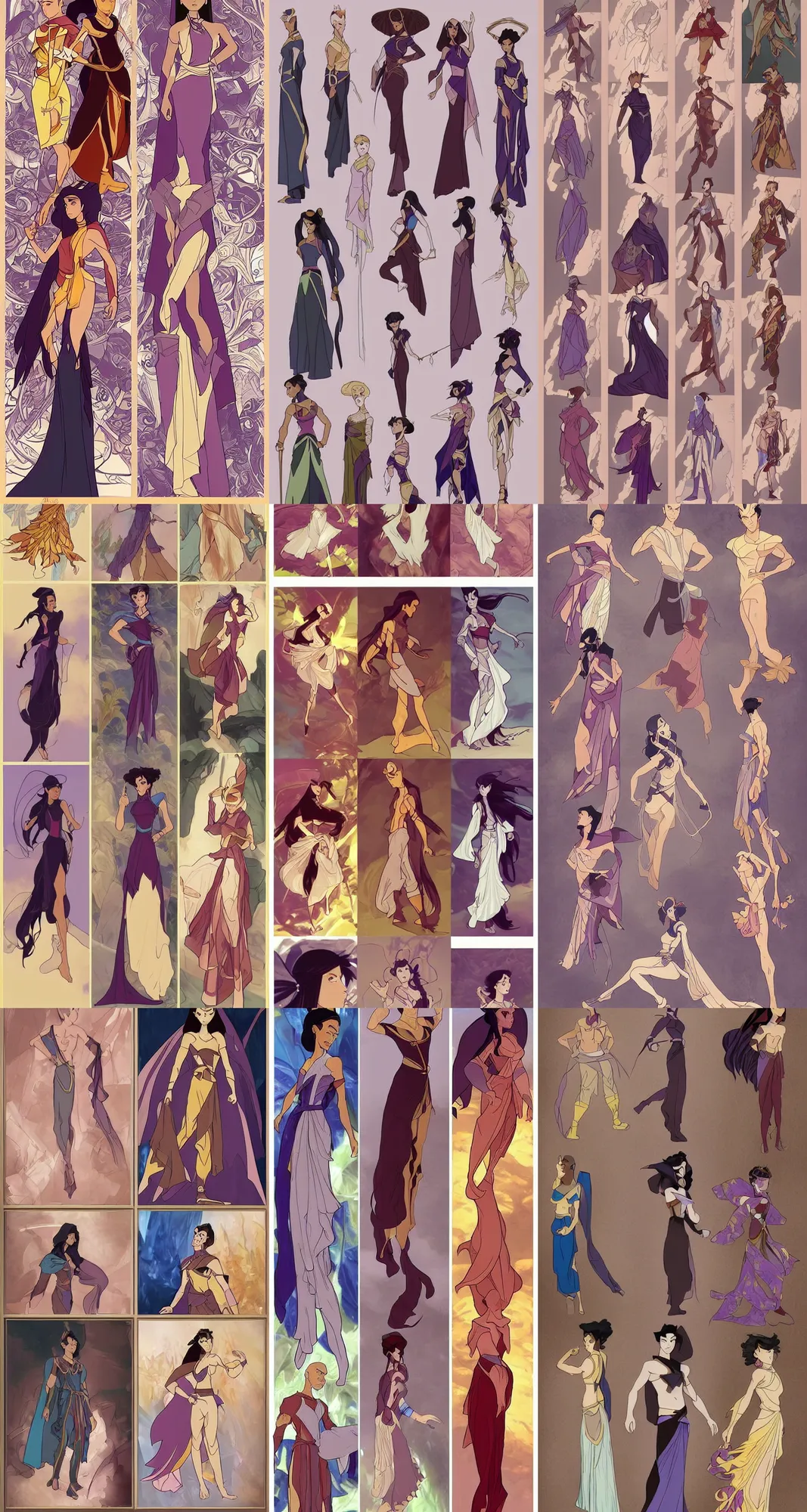 Prompt: Character concept fashion spot illustrations of Prince of Egypt and Avatar the Last Airbender crossover, colorful!!!, full-body, bloom, dynamic poses, diaphanous cloth!!!, intricate crystalline and feather jewelry, ornate, filigree, arcane, cinematic lighting, by Artgerm, by Alphonse Mucha, by Bouguereau, by Sakimichan, fantasy, portfolio illustration, highly detailed, trending on Artstation, CGsociety, HQ, 8k, 35mm lens, f2.8, Bokeh,