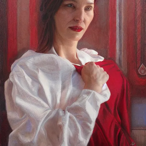 Prompt: portrait of a woman wearing white and red, by donato giancola