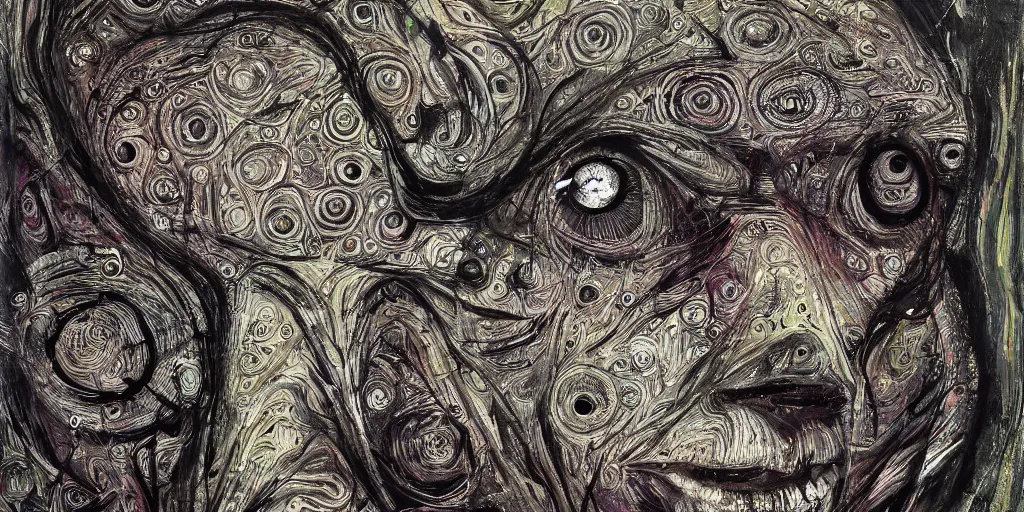 Image similar to camo of eyes, technical, acrylic, teeth, eerie, tribal, clay, dots, lines, stipple, points, grid, cybernetic, old painting, francis bacon, swirly eyes, hypnosis, eerie, sharp