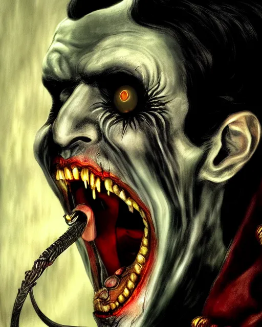 Image similar to dracula telling jokes, character portrait, close up, concept art, intricate details, highly detailed, photorealism, hyperrealism in the style of otto dix and h. r giger