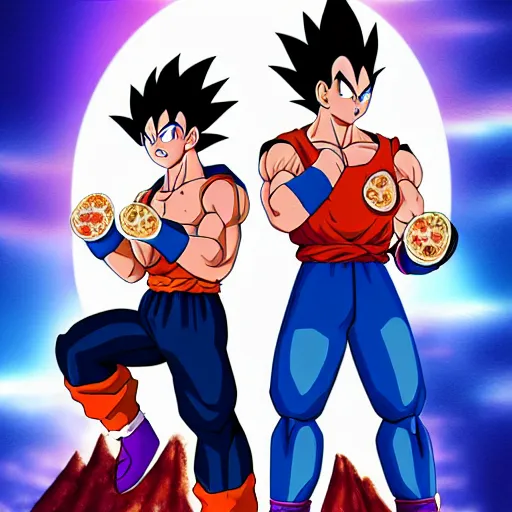 Prompt: goku and vegeta eat a pizza on an exploding volcano, digital art, ray tracing