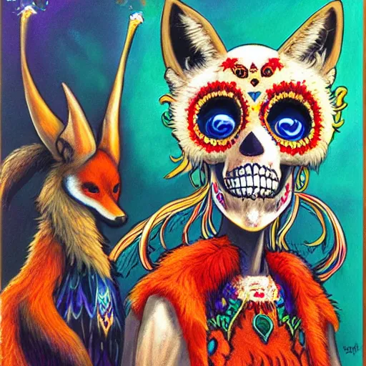 Prompt: a photorealistic portrait of dia de los muertos fox skull kitsune with long fluffy furs and ears, clothes themed on a peacock mage, painting by jeff easley, stylized, neon, vhs, 8 0 s, dnd beyond, fae wilds sky