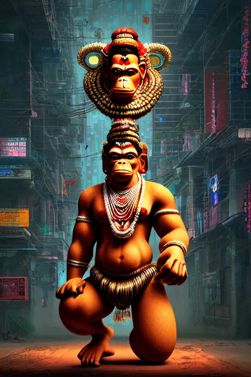 Image similar to high quality 3 d render post - rococo cyberpunk hanuman! head shri ram centre, madhubani, highly detailed, morning in sci - fi new delhi, cinematic smooth unreal engine, lee madgwick & liam wong, dramatic light, long shot, low angle, uhd 8 k, sharp focus