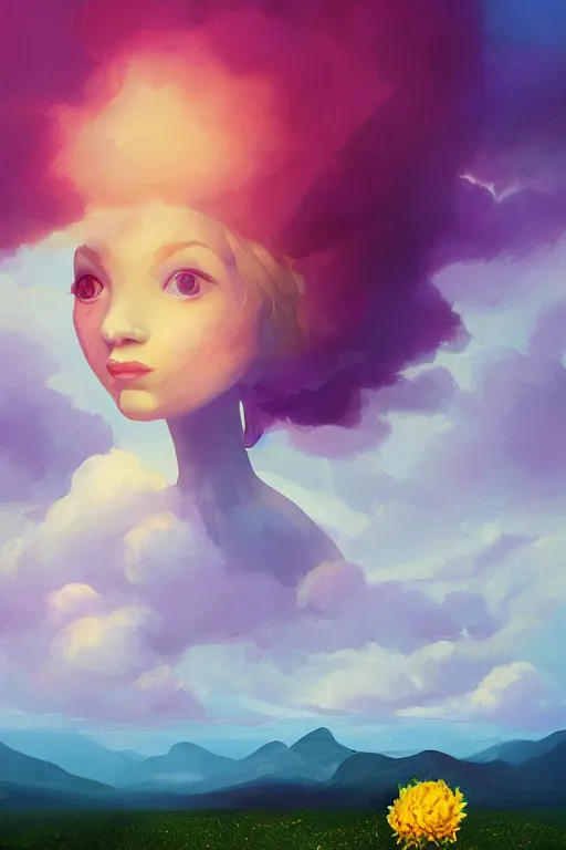 Image similar to closeup girl with large yellow dahlia flower face, standing on mountain, surreal photography, blue storm clouds, dramatic light, impressionist painting, digital painting, artstation, simon stalenhag