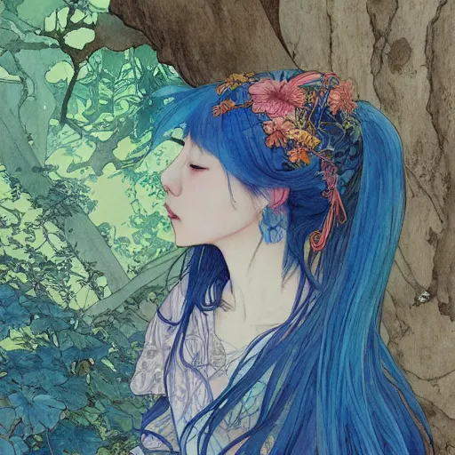 Prompt: side view a beautiful and inspiring intricate watercolor illustration artwork bright blue hair japanese girl in the forest, feeling the nature, eyes closed, 4 k, ultra - wide angle, by william turner, by victo ngai, by alphonse mucha, by miho hirano, hd, trending on artstation, hyper detailed, muted colors, inspiring, beautiful, energetic