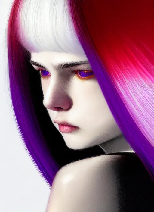 Image similar to hair whitebangs hair, black hair, whitebangs, portrait of teenage girl with white bangs, red irises, purple clothes, white bangs, bangs are different color from hair, intricate, elegant, glowing lights, highly detailed, digital painting, artstation, concept art, smooth, sharp focus, illustration, art by wlop, mars ravelo and greg rutkowski