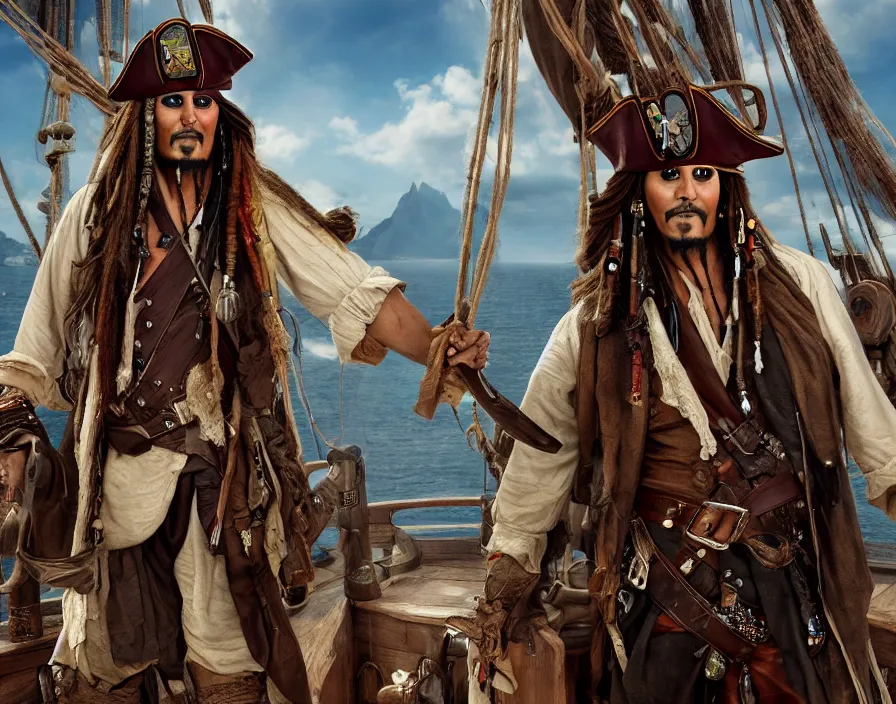 happy captain jack sparrow on pirate ship, beautiful | Stable Diffusion