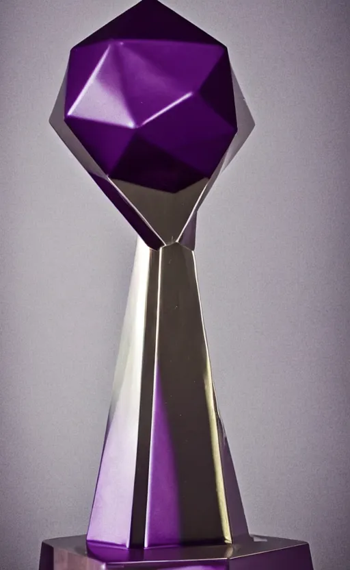 Image similar to a tall reflective very symmetrical polyhedral 3 d printed steel engineering trophy on a dark purple backdrop in a medieval themed castle in golden afternoon light, professional food photography